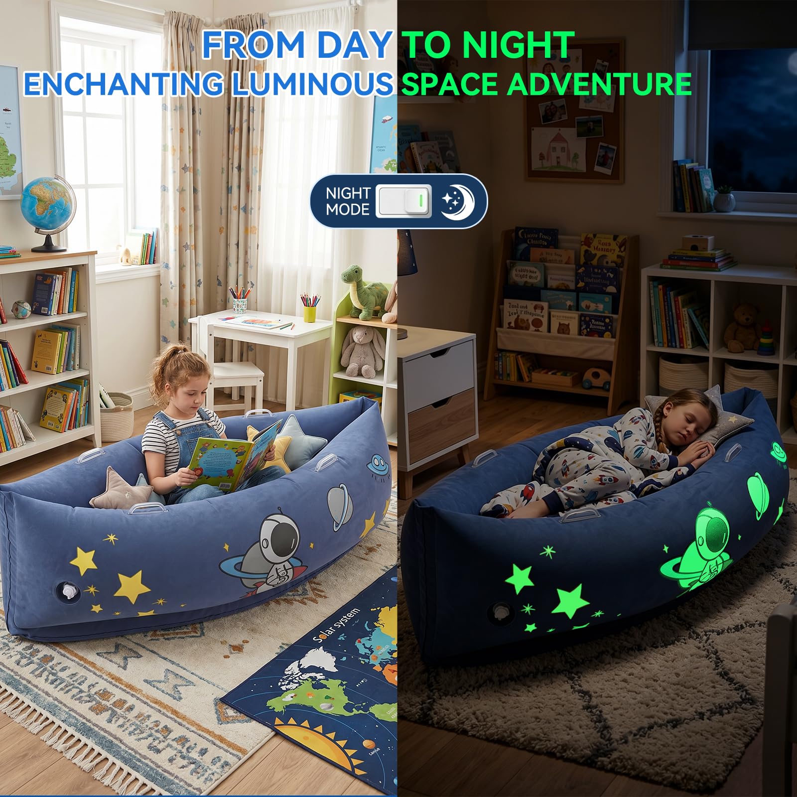 LOAOL Sedia sensoriale Peapod per autismo ADHD bambini: canoa sensoriale gonfiabile da 150 cm con motivo spaziale che si illumina al buio – Seduta calmante a pressione profonda per bambini in cerca