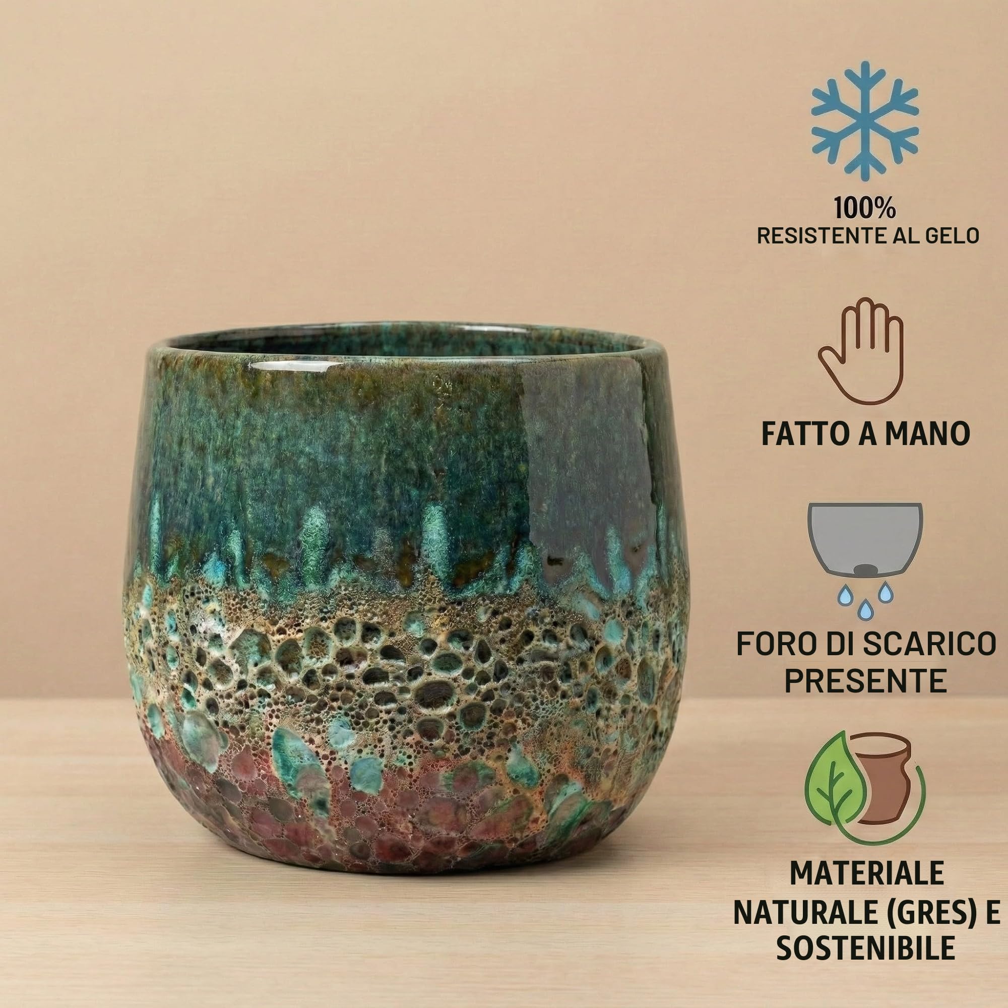 Teramico Vaso per piante in ceramica (verde/turchese) con foro di scarico, resistente al gelo, per interni ed esterni, smaltato strutturato, in gres porcellanato di alta qualità (38 cm x 30 cm)