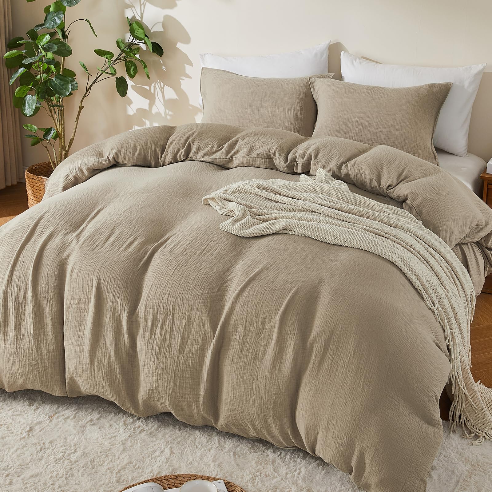 Photo 1 of EMME Muslin Cotton Duvet Cover Set Khaki Queen Size Linen Like Soft Breathable Lightweight Summer Comforter Cover Set with Zipper Closure (Khaki, Queen, 90"x90")