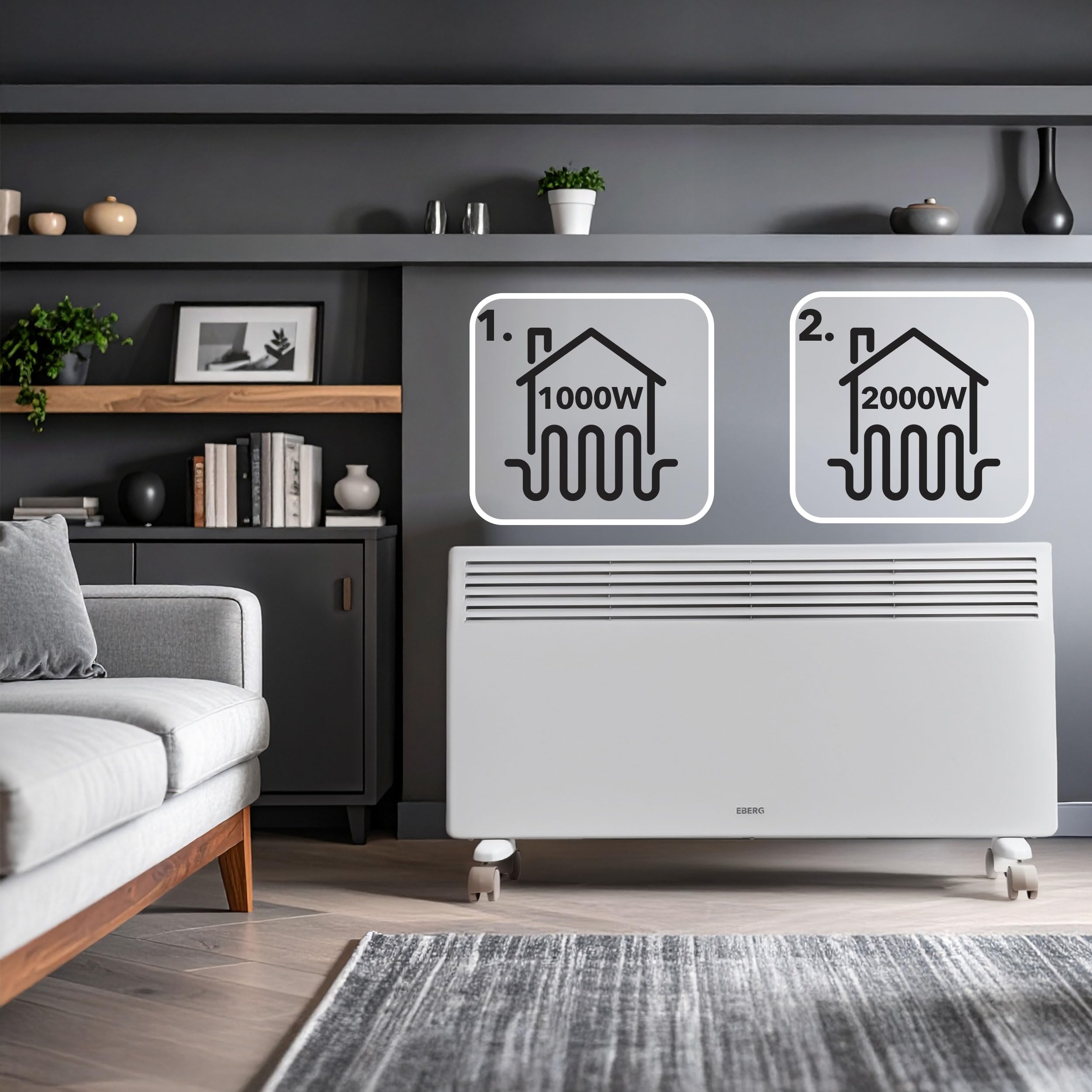 EBERG VECTO V20Y1 Grzejnik konwektorowy 2000 W z termostatem, 2 poziomy mocy 1000/2000 W, grzałka X-Shape, zabezpieczenie przed przegrzaniem i przewróceniem, biały