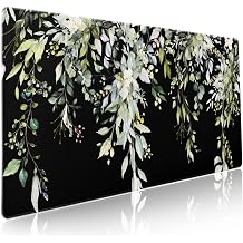 Sage Green Leaves Gaming Mouse Pad XXL Spring Summer Floral Extended Large Desk Mat Black Big Mousepad Non-Slip Rubber Base Stitched Edge Long Mousepad for Desktop Office PC, 35.4 x 15.7 inches