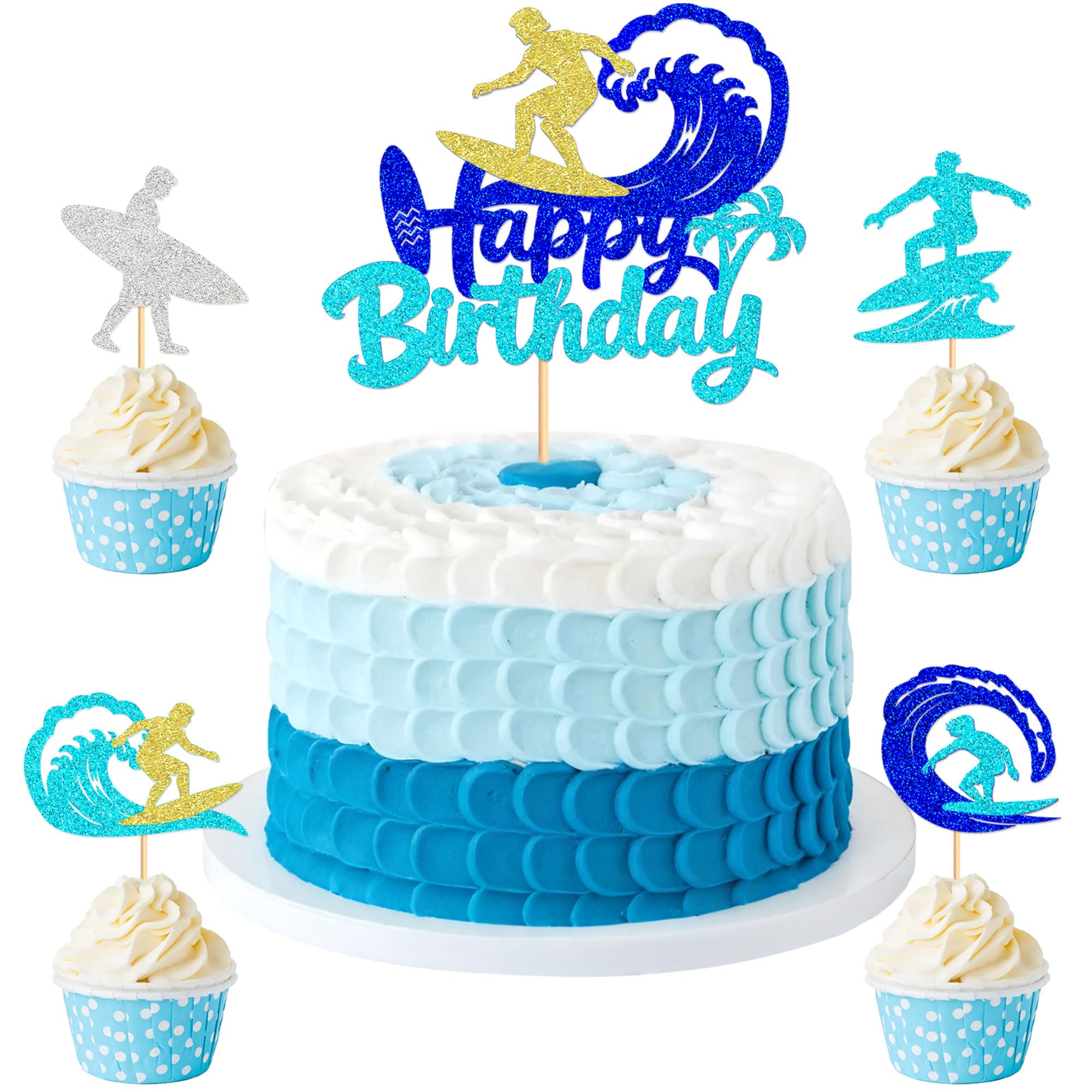 Blumomon 25Pcs Surfing Happy Birthday Cake Topper Blue Wave Glitter Cupcake Picks for Surfers Birthday Summer Beach Surfboard Party Desserts Decors Ocean Sports Party Cupcake Ornament — image 1