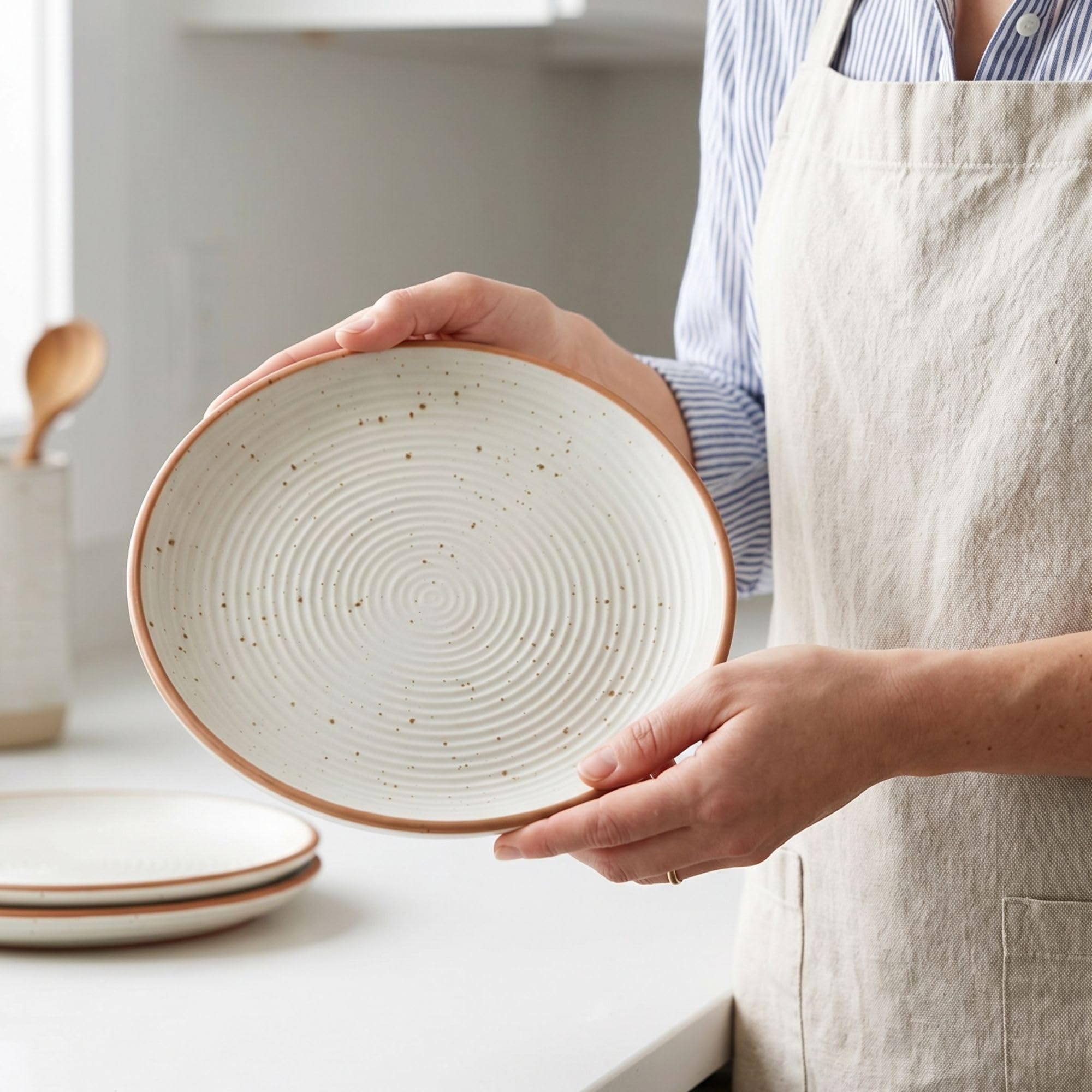 Freakway Cream Ribbed Stoneware Dinner Plates 10.3 Inch Set of 2 Pcs Ceramic Plates for Dinner | Microwave & Dishwasher Safe | Off White 2