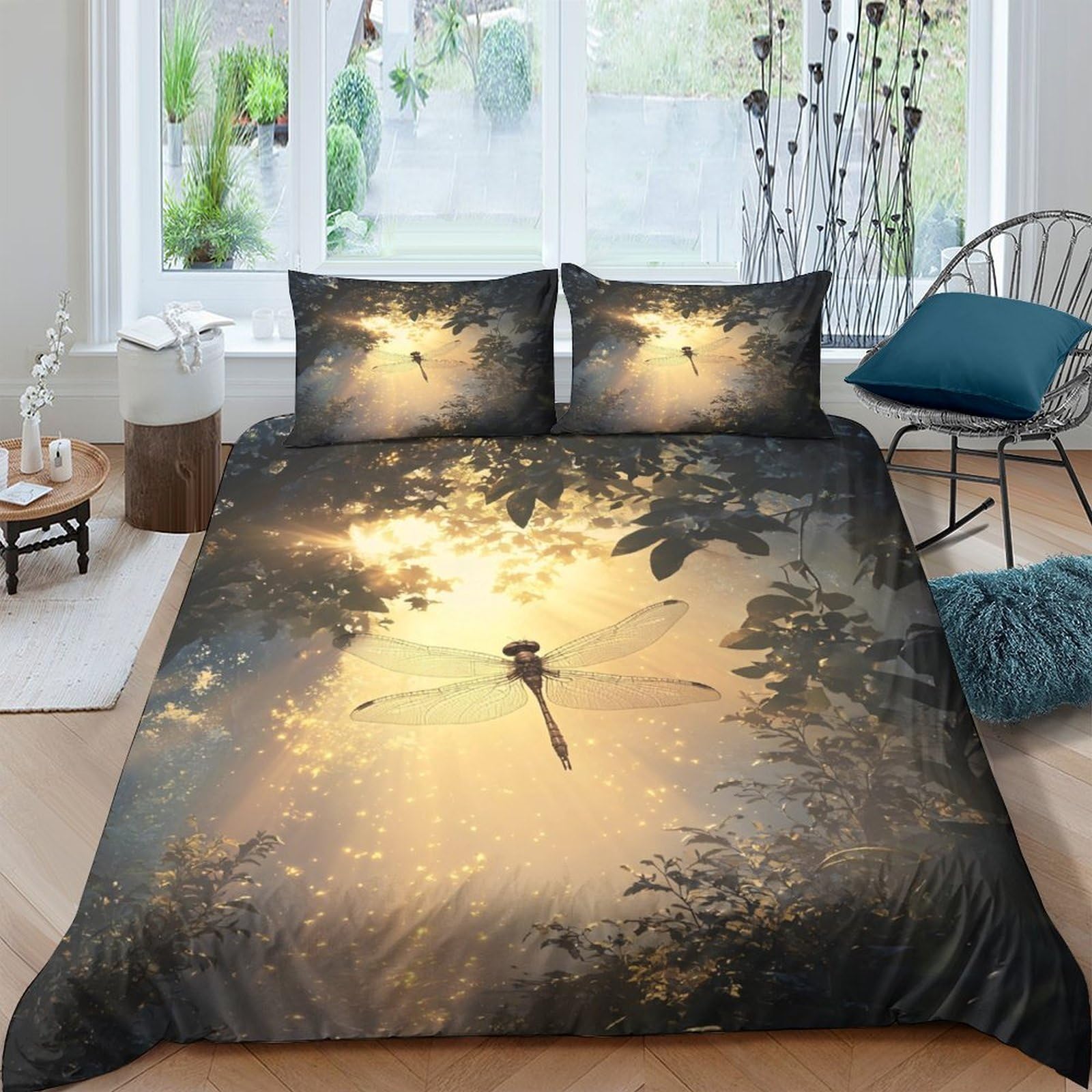 Ctjqhvkz Style-2 3D Printed Dragonfly Forest Fitted Sheet Microfiber Soft Breathable Sunbeam Mattress Cover Bedroom Decor Single（135X200cm）