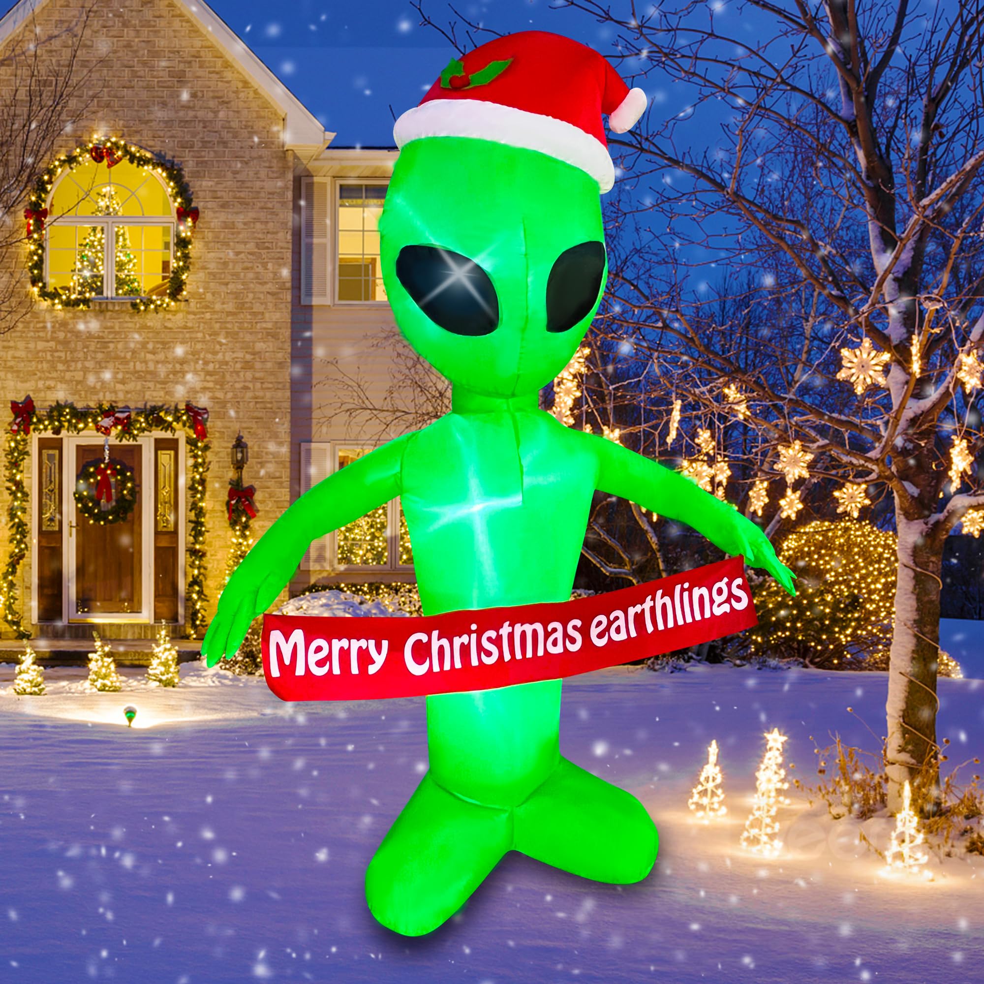 JOYEASE Straniero gonfiabile natalizio da 1,8 m con scritta Merry Christmas Earthlings Banner Decorazioni illuminate a LED per feste per interni ed esterni, giardino, cortile, decorazione