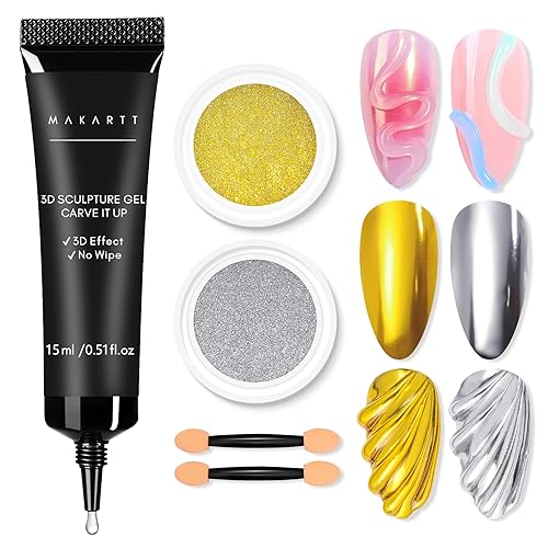 Miniatura 1 de Makartt Kit de gel de uñas 3D y polvo de uñas cromado, gel para esculpir para arte de uñas, 0.51 oz (15 g), gel de moldeo 3D sin limpiar y polvo
