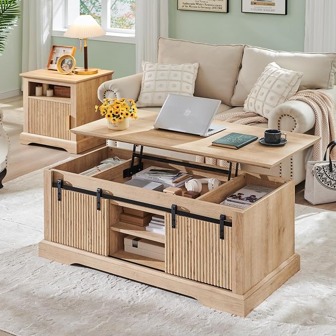 46" Fluted Lift Top Coffee Table with Sliding Door, Modern Center Table w/Adjustable Storage Shelf & Hidden Compartment, Coffee Table Converts to Dining Table for Living Room, Office (Natural)