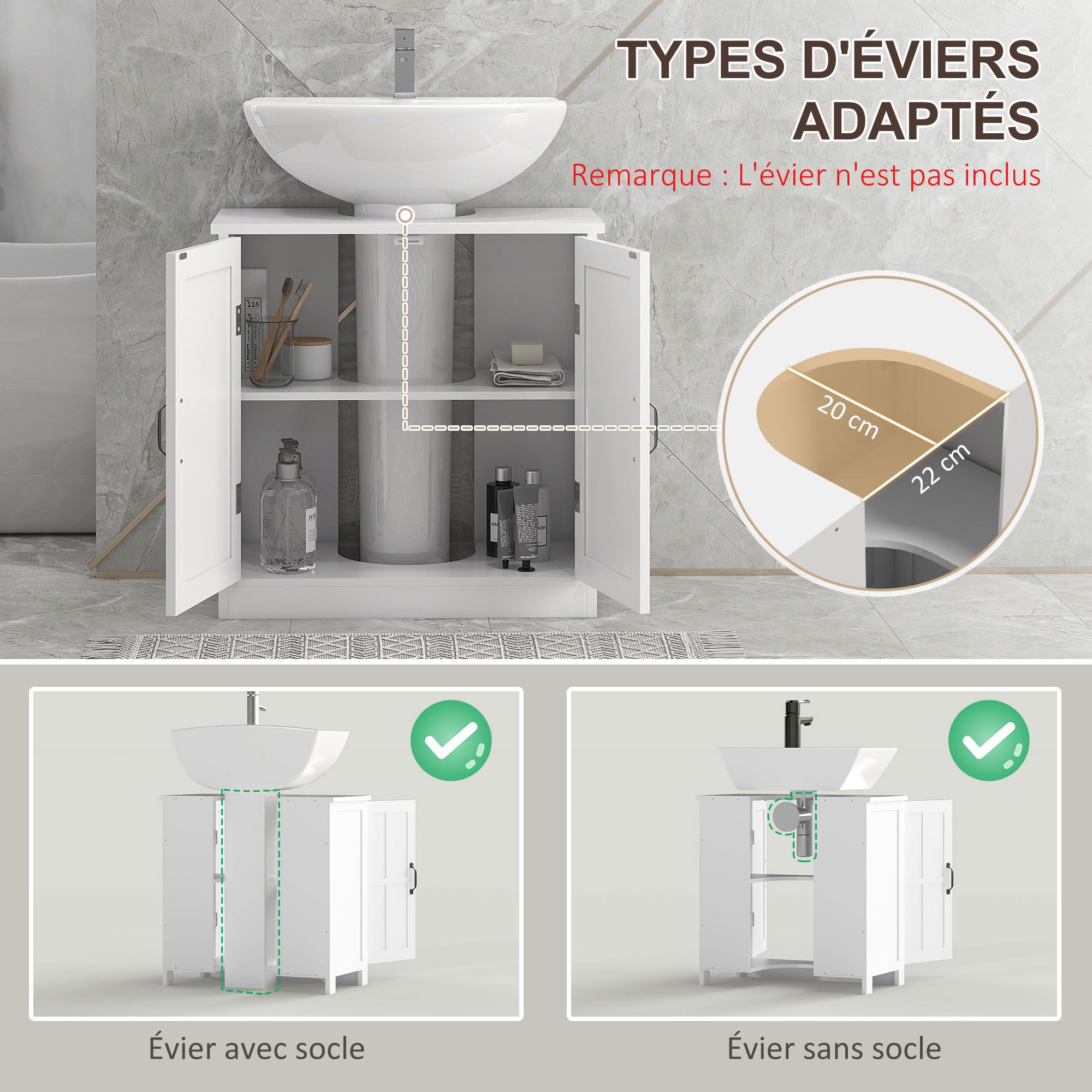 kleankin Meuble sous lavabo Salle de Bain Meuble sous Vasque Armoire de Rangement pour lavabo avec Double Porte et étagère réglable, 60 x 30 x 60 cm, Blanc