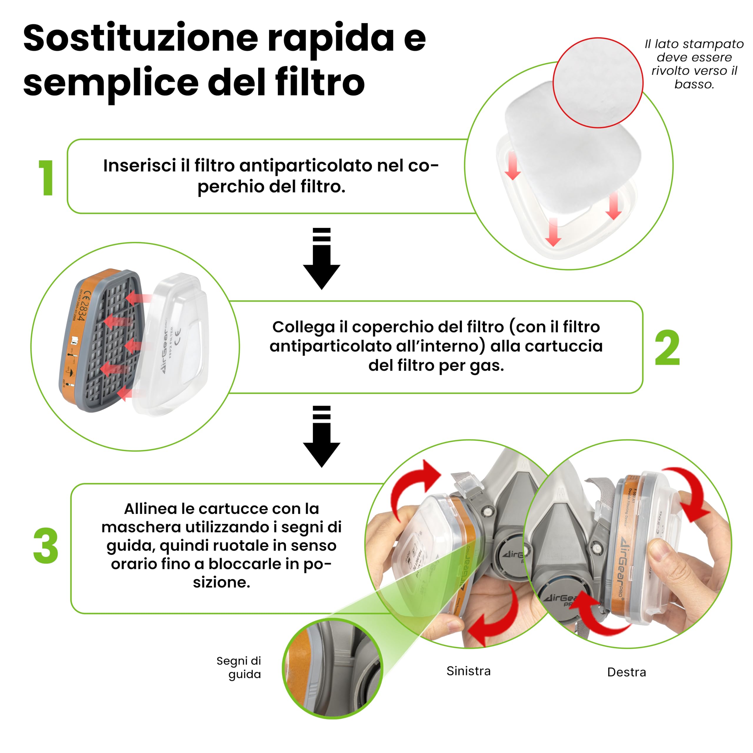 AirGearPro G-500 Maschera di protezione respiratoria riutilizzabile, anti-polvere, anti-gas, con filtri e occhiali di protezione per pittura, lavoro, fai da te, levigatura