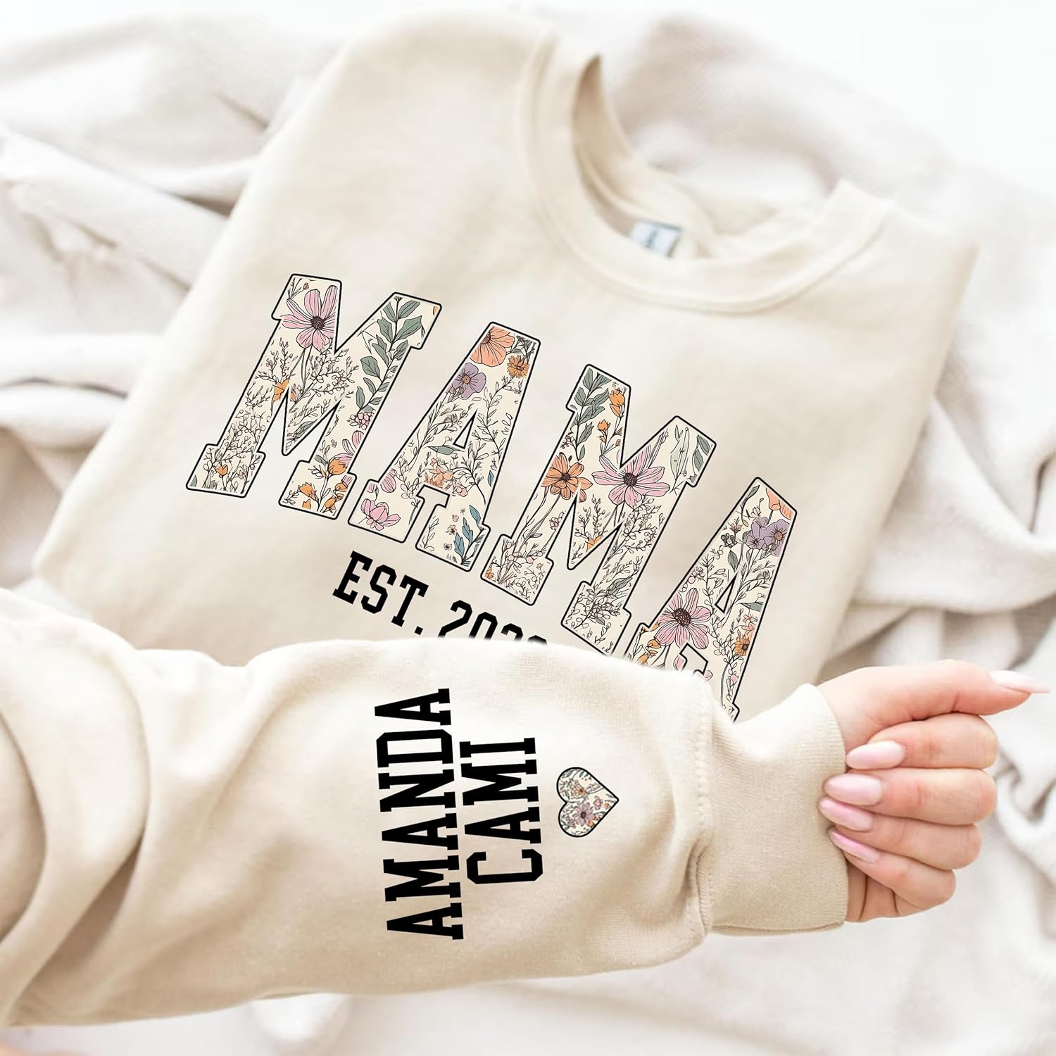 Personalized Mama Floral Varsity Sweatshirt with Custom Sleeve Name and EST Year Mothers Day Keepsake Wear - Image 5