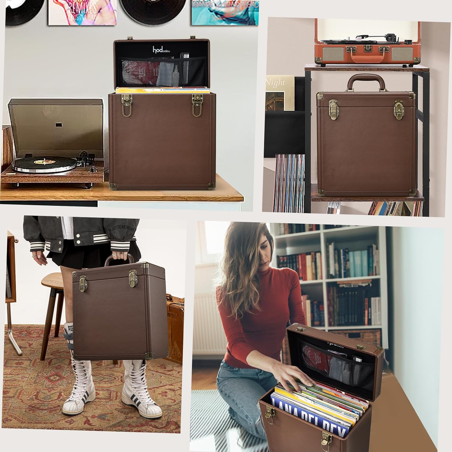 Hododou Vinyl Record Storage Box with Lock Record Organizer Storage for 30+ Single Records 12-inch Water Resistant Collapsible Storage Crate with Lid Handle Mesh Pouch for Valuable Album Collection
