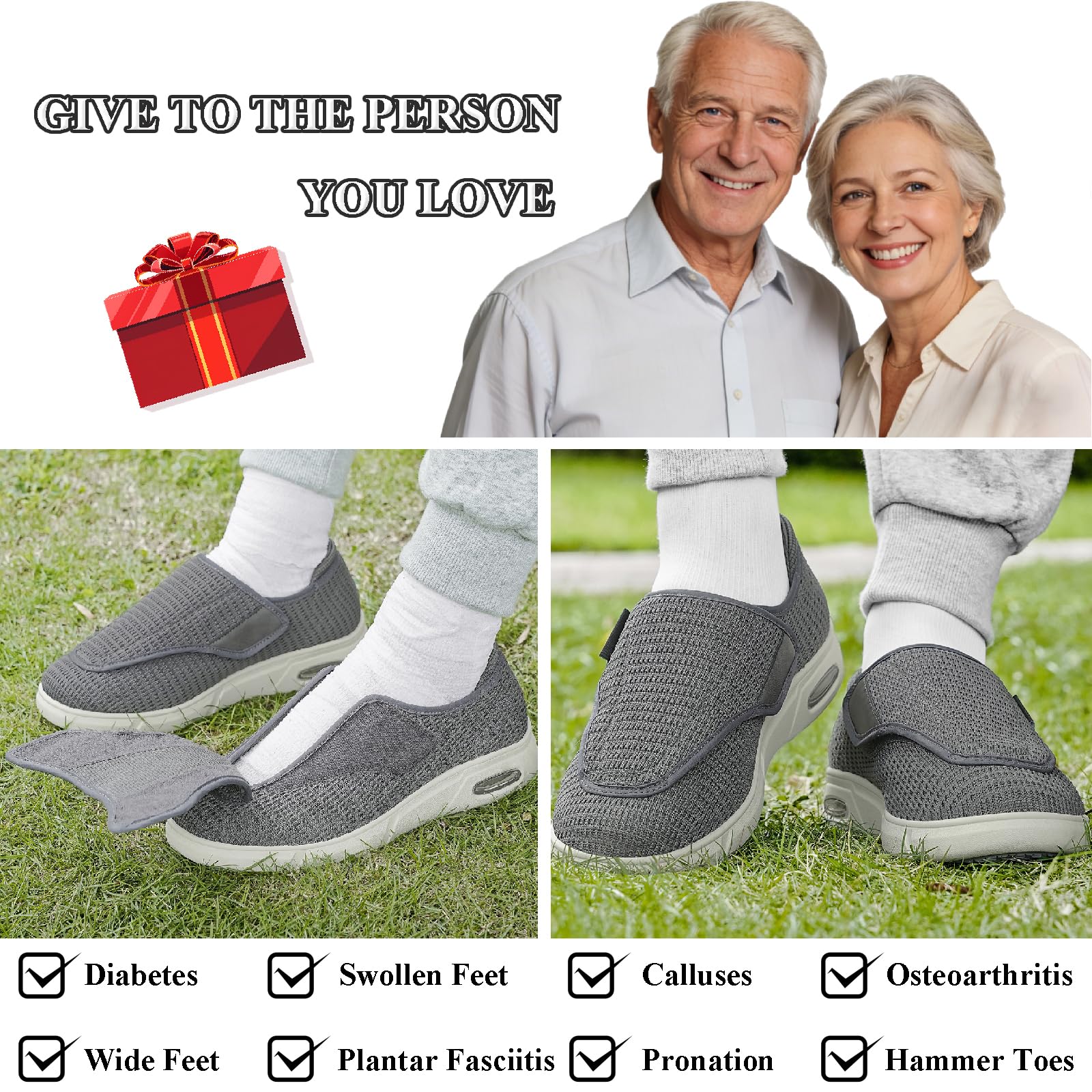 Buty do chodzenia dla cukrzyków dla starszych kobiet mężczyzn regulowane oddychające siateczkowe antypoślizgowe szerokie pudełko na palce łatwe zakładanie na opuchnięte stopy wewnątrz na zewnątrz