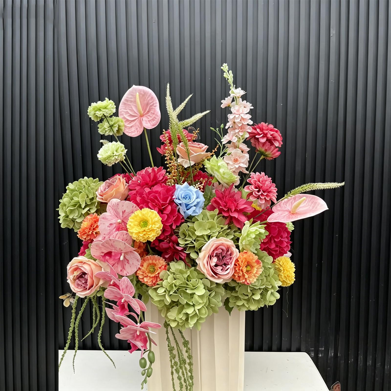 Pink Green Blue Artificial Silk Flowers Arrangement, Fake Floral Bouquet with Anthurium Orchid Rose Hydrangea for Wedding Centerpieces, Bridal Shower, Party, Home Table Spring Decor (Green Red,60cm)