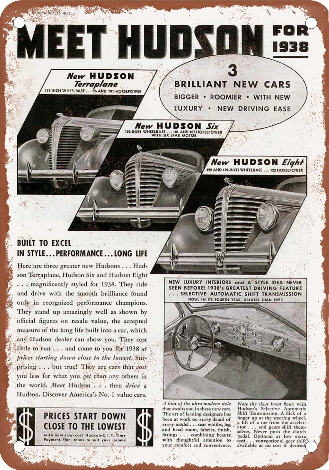 METAL SIGN - 1938 Hudson Vintage Ad 02 - Old Retro Rusty Look home decor