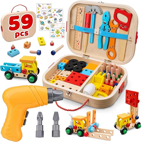 Juego de herramientas para niños pequeños, 56 piezas de madera con caja de herramientas, juguetes educativos de aprendizaje de construcción, juegos
