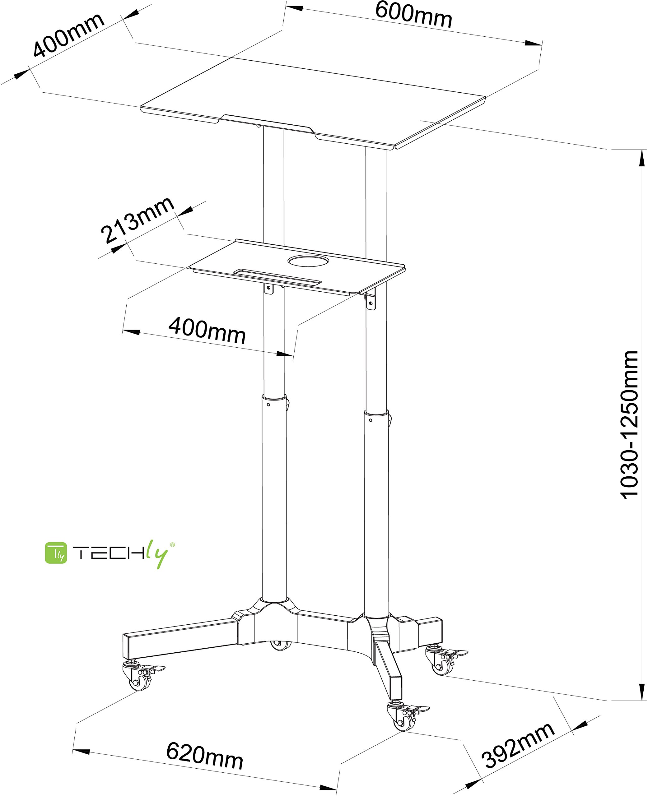 Techly ICA-TB TPM-1BK Notebook Stand Schwarz - Notebook-Ständer (Notebook Stand, Schwarz, Metall, 1030-1250 mm, 0-40°, 620 mm)