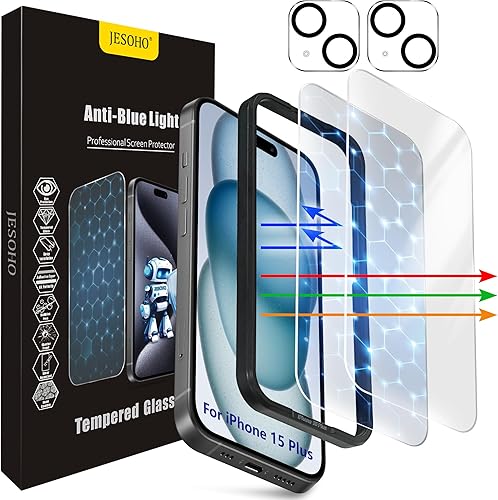 Protector de pantalla para iPhone 15 Plus [6.7 pulgadas], 2 películas de vidrio templado antiluz azul incoloras, transparente HD, dureza 9H, sin