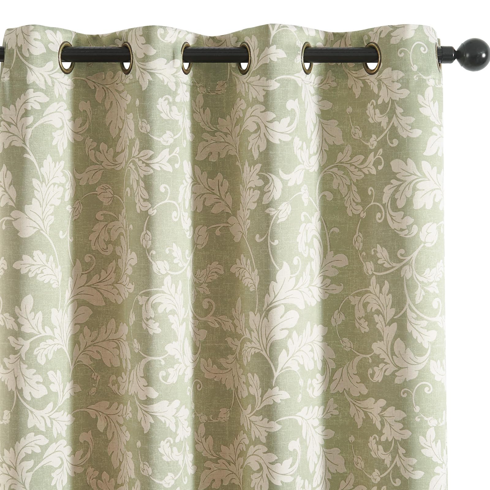 jinchan 75% Blackout Curtains for Bedroom, Green Scroll Leaf Patterned Curtains 63 inch Length for Living Room, Farmhouse Vintage Drapes, Thermal Insulated Window Treatments, Grommet 2 Panels Green