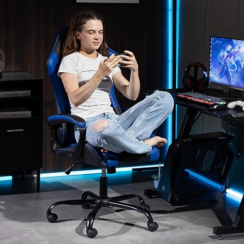 Miniatura 2 de Silla de videojuegos de piel sintética para masaje, silla de videojuegos para PC con soporte lumbar para hombres y mujeres, oficina en casa, altura