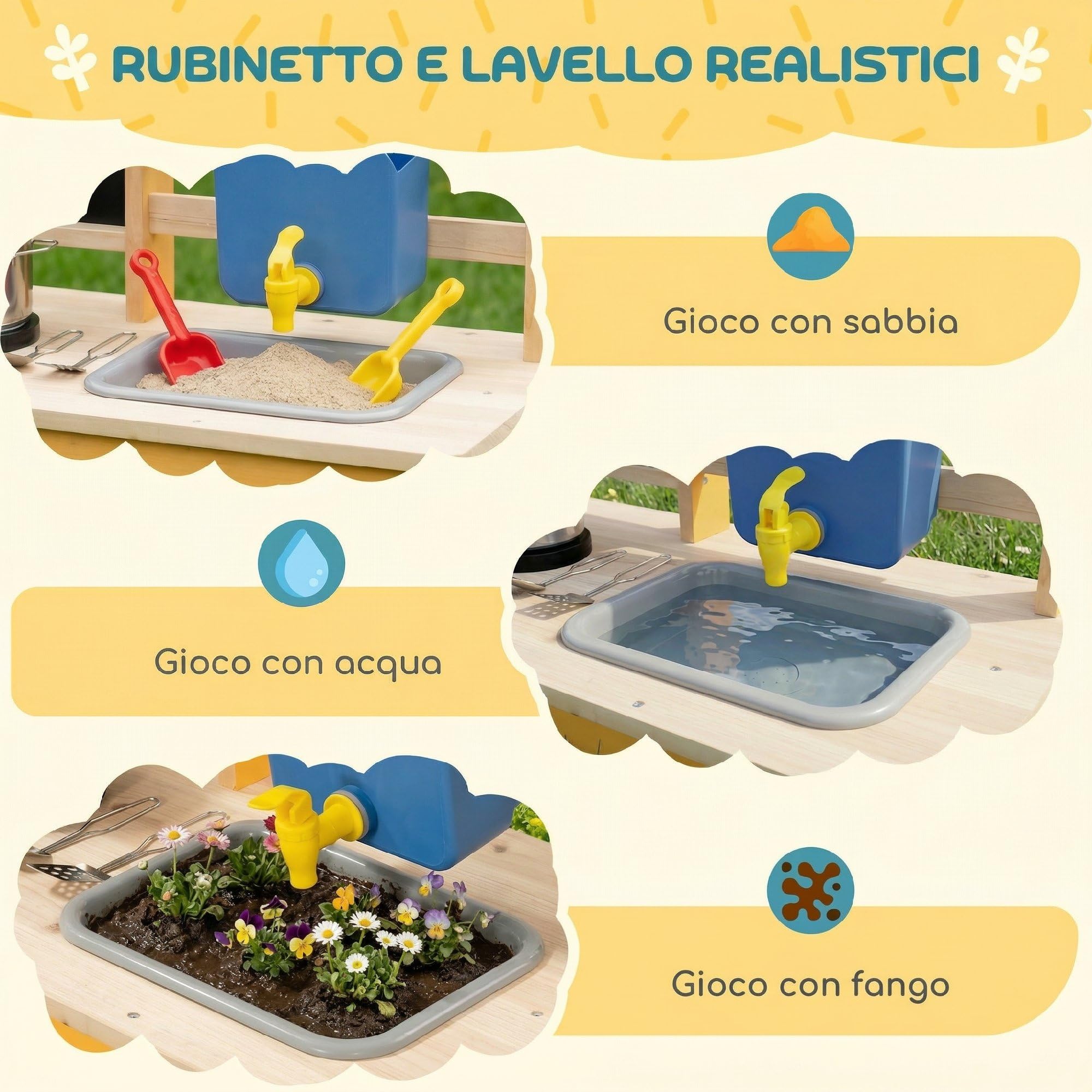 AIYAPLAY Cucina Giocattolo per Bambini, Cucina in Legno per Bambini con 2 Portavasi, Ruote, Fornello, Lavagna, Lavandino, Ripiano e 15 Accessori, 3+ Anni