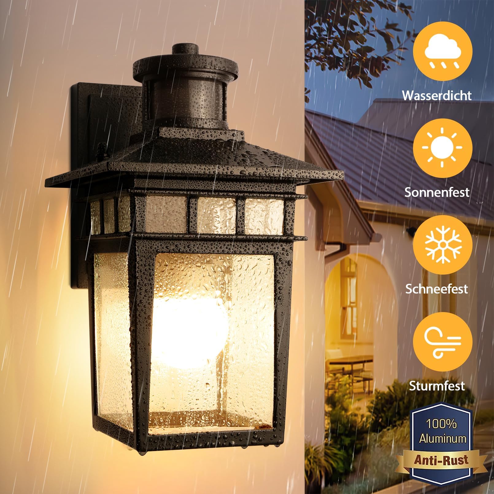 Aussenlampe mit Bewegungsmelder, 3 Beleuchtungsmodi Lampe mit Bewegungsmelder Aussen, E27-Fassung Wasserdichtes Aluminium Außenwandleuchte Led für Haus