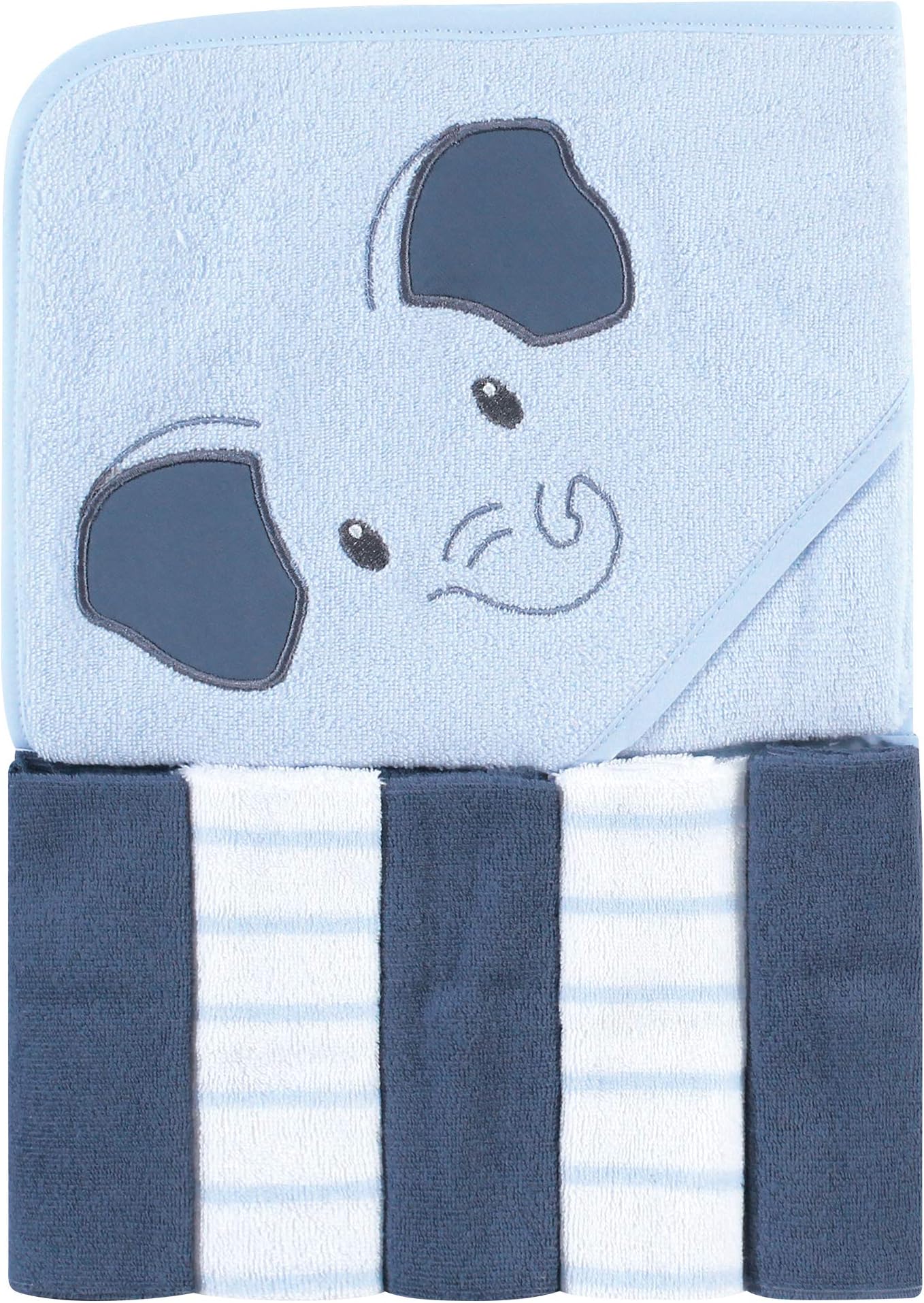 Hudson Baby Unisex Baby Hooded Towel and Five Washcloths, Blue Elephant, One Size