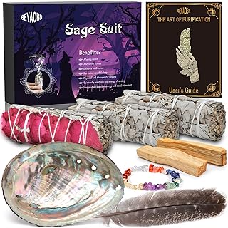 BEYAOBN Räucherset, 3 Salbei räuchern, Weisser Salbei zum Räuchern, Palo Santo Abalone-Muschel 12cm, Feder Räucher Set, Ra...