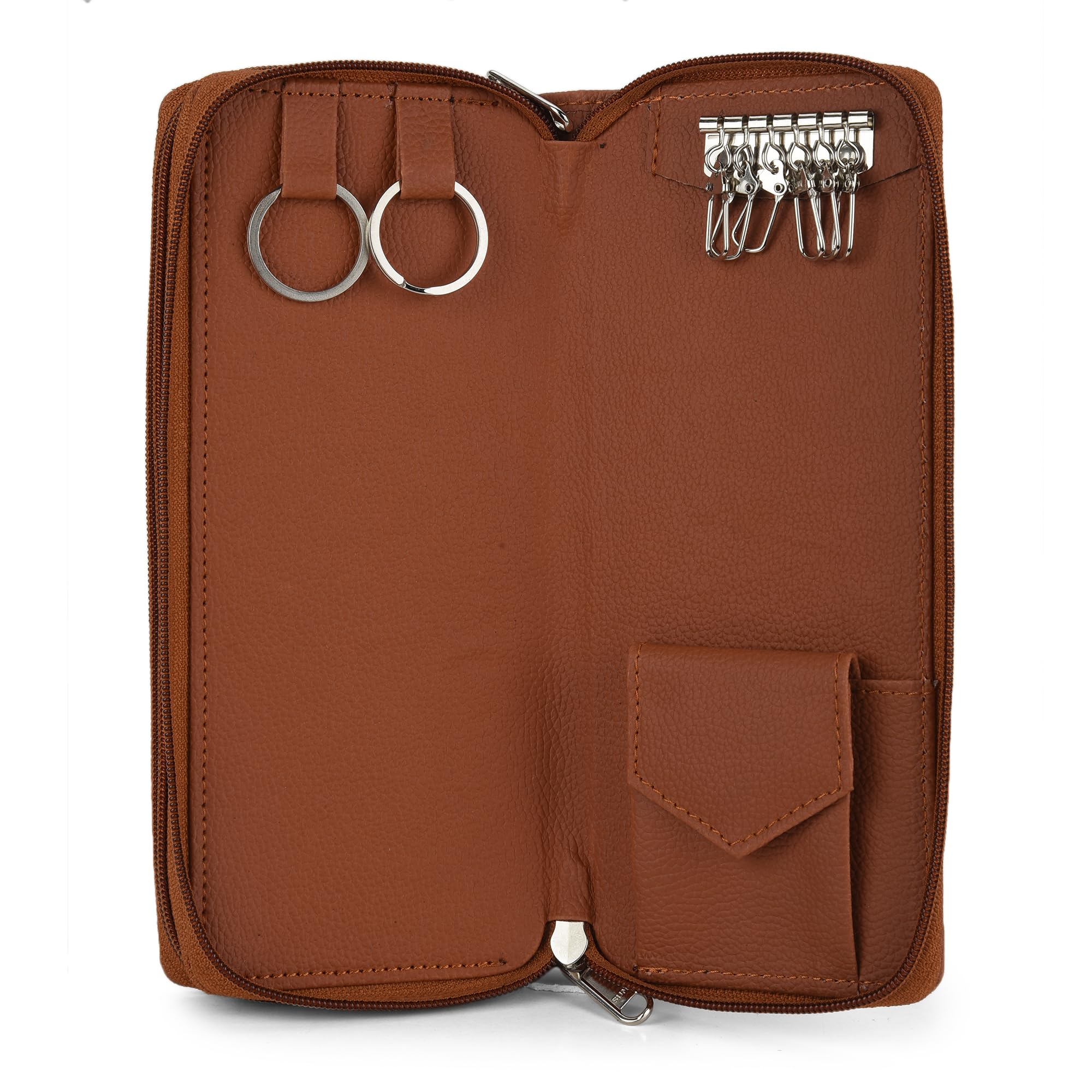 Double Pokcet Key Case Pu/Leather (Pack Of 1) (25.50 X 8.50 X 2.50 Cm) Key Pouch Leather Key Pouch Bank Keys Pouch Key Case Pouch Keychain Holder Pouch With Zipper Closure (Tan), Brown-image-13