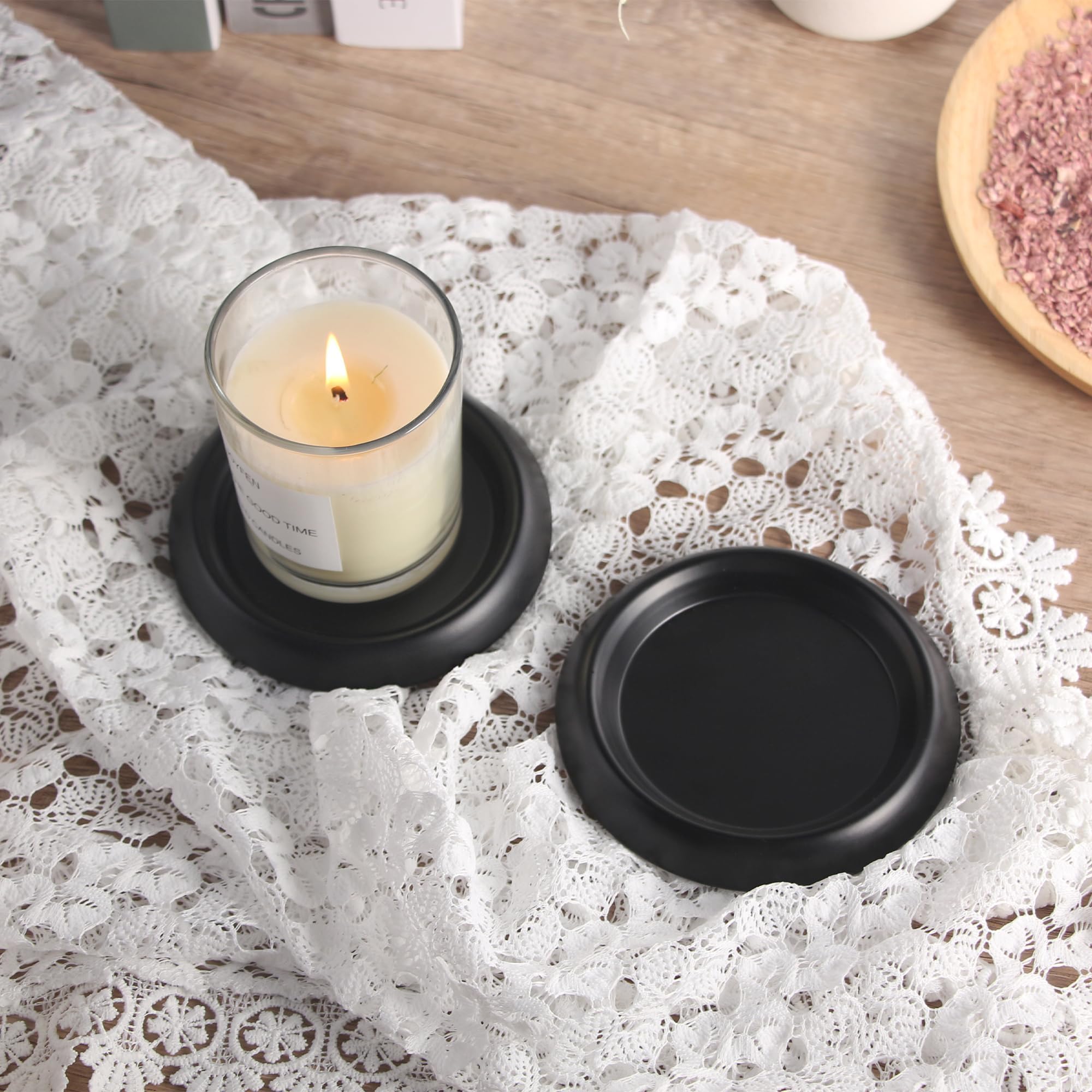 Soucoupes Bougie Métal Noir - Lot De 2 Dessous De Verre Anti-Gouttes