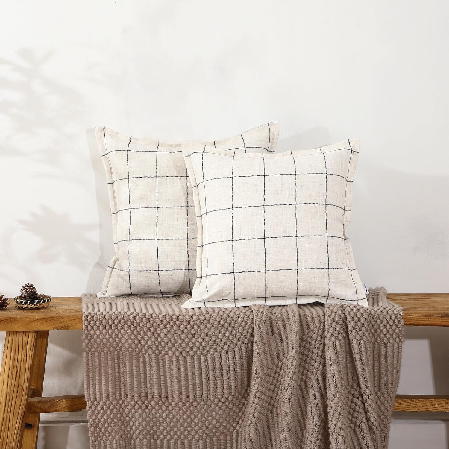 The Amaro Tile Pattern White and Black Striped Pillows, in a Bohemian Style, with a Hidden Zipper Design, Resembling an Envelope. Made of Linen, Each Pack Contains Two Pieces, Measuring 22×22 inches.