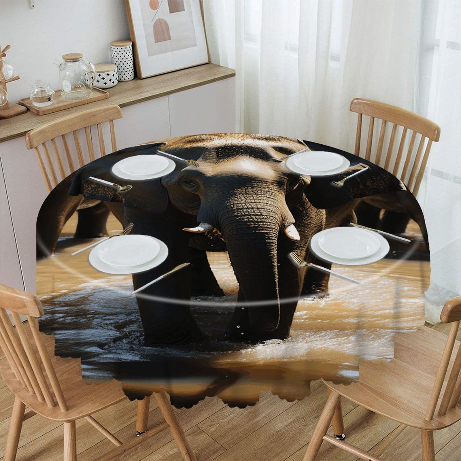 LZQPOEAS Elephant Drinking Water Round Tablecloth Rustic Circle Table Cloth Wrinkle Resistant Decor Tablecloth Waterproof Washable Table Cover for Kitchen Party Dining Table 60 Inch