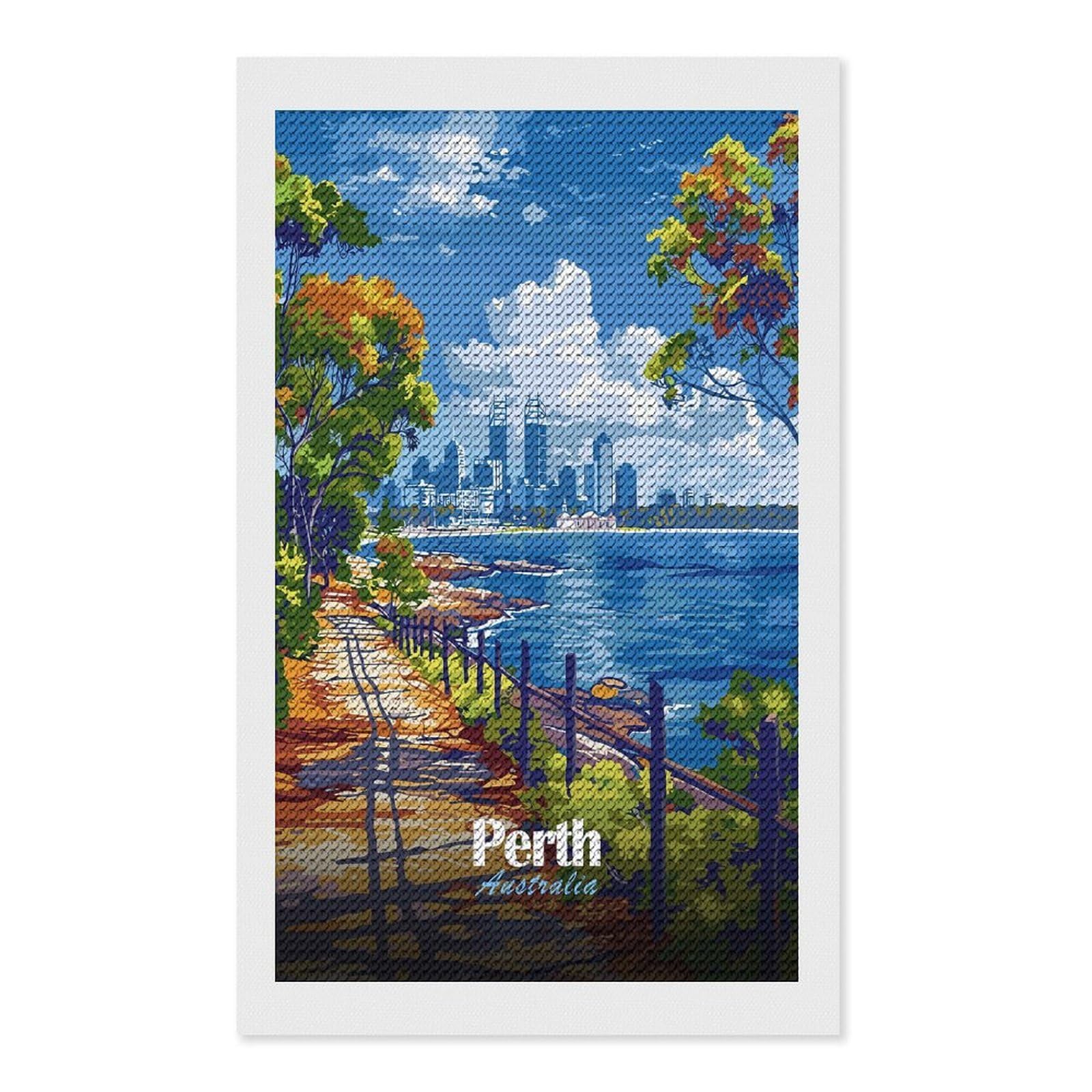 Junmoney Perth Australia Cityscape Travel DIY Diamond Art Canvas Kit 12"x20", Farmhouse Decor, Vintage Style Decor, Handmade Wall Decor, Canvas Picture