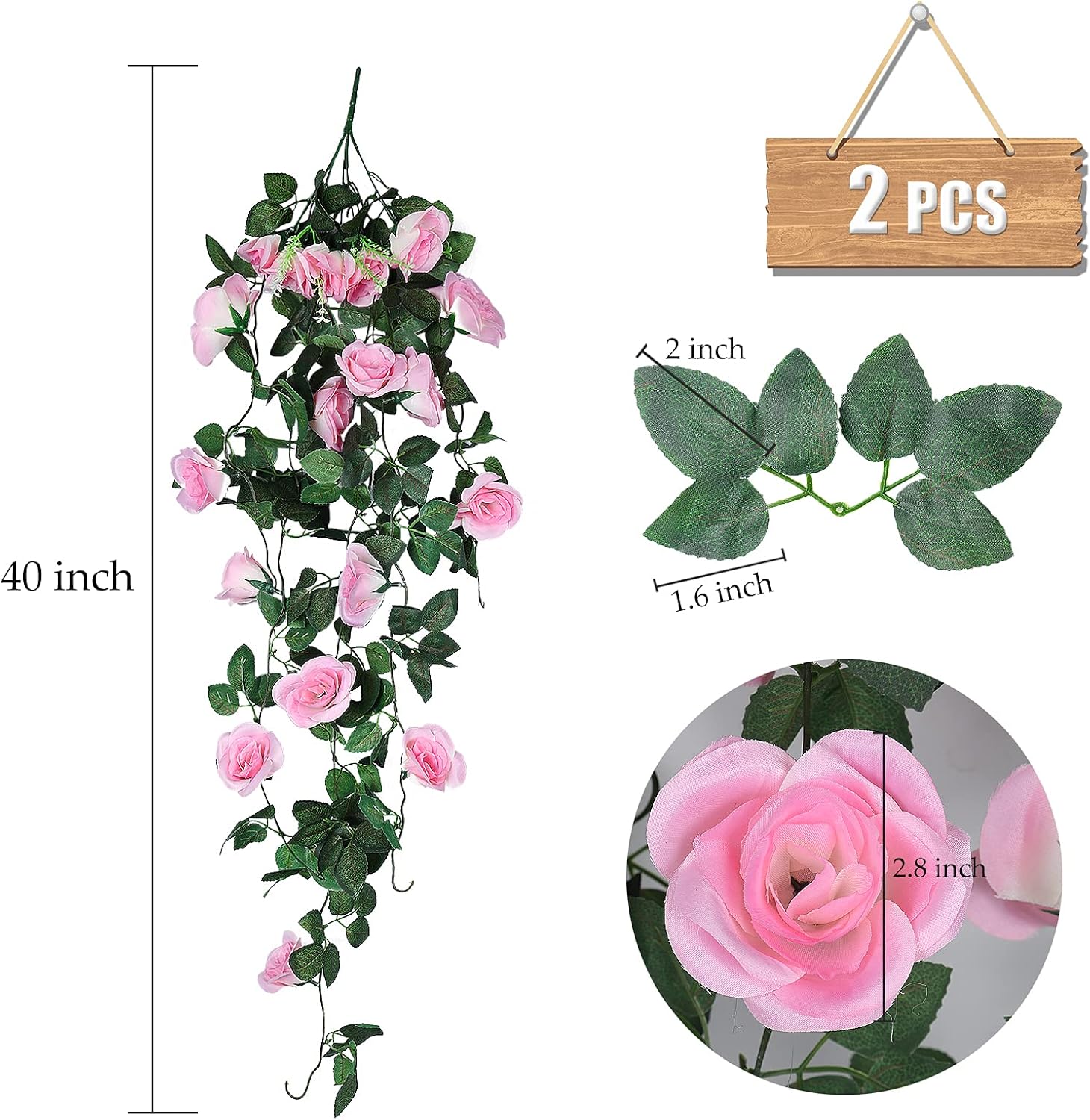 RECUTMS Valentines Day Rose Decorations, Fake Hanging Flower, 2PCS Artificial Rose Vine Plants Flowers Wedding Home Decoration and Wall Décor 3.3Ft Valentines Pink Outdoor Decor (Pink) - Image 2