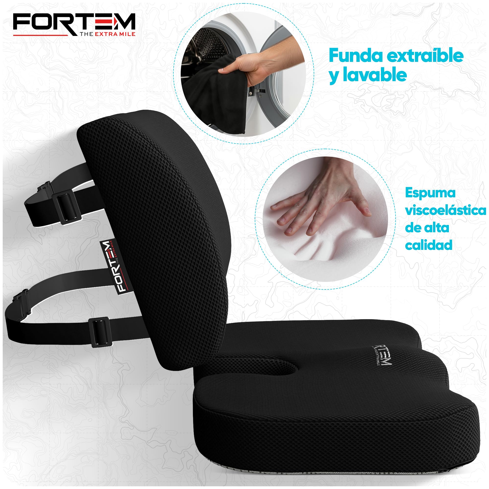 FORTEM Pack Cojín Silla Oficina y Almohada Lumbar - Cojín para Silla Ordenador en Forma De U y Almohada Lumbar con Espuma Viscoelástica para Asiento Coche, Gaming, Trabajo - Fundas Lavables