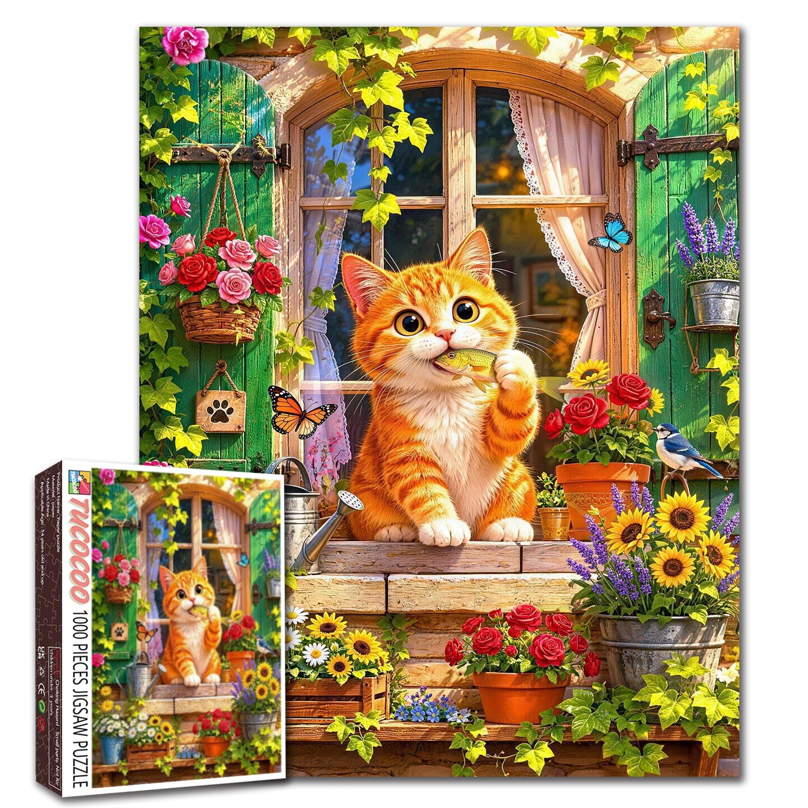1000 Piece Jigsaw Puzzles for Adults Cat Painting Puzzle Sunny Garden1000 Pieces Puzzles Game Colorful flower landscape Decor DIY Craft Bedroom Animal Puzzle Art