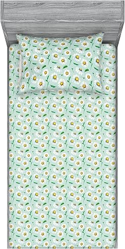 Miniatura 49 de Ambesonne Geometric Fitted Sheet & Pillow Sham Set, Minimalist Vibe Retro Pattern of Waves and Circles Scandinavian, Decorative Printed 3 Piece Pale