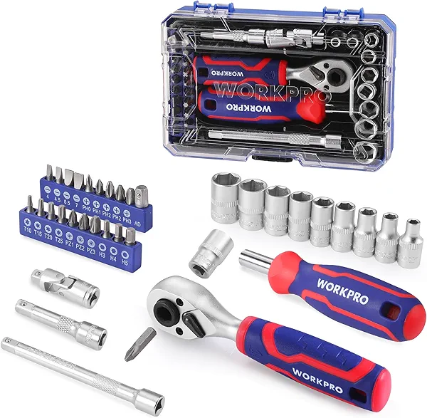 WORKPRO 34 PCS 1/4" Drive Mini Socket Ratchet Wrench Set, Screwdriver Bit Set, Dual Socket & Bit Head Ratchet, Magnetic Driver, Metric Sockets 4-12mm, Extension Bars & Universal Joint, Storage Case