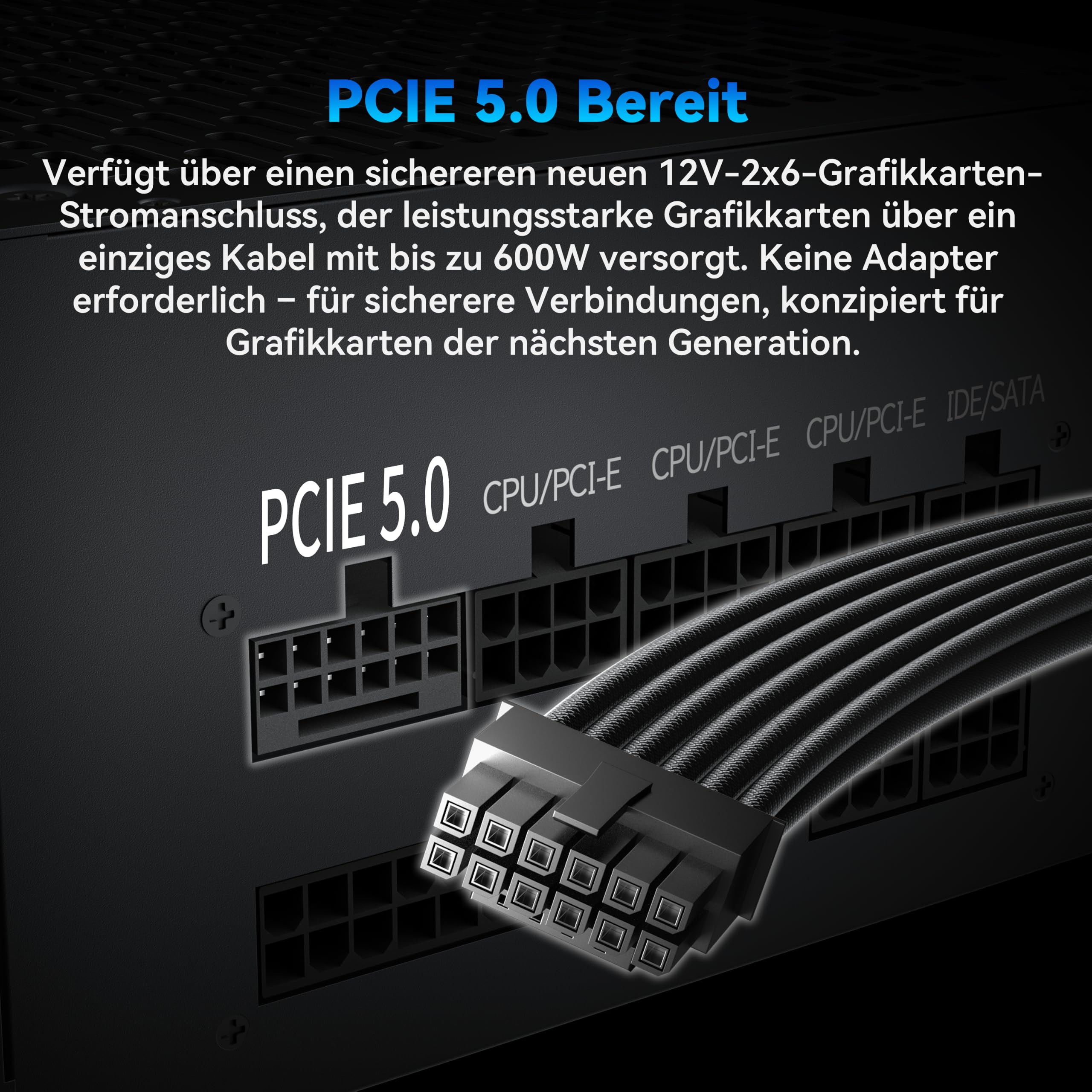 MUSETEX 1000 Watt Netzteil, vollständig modulares ATX-Netzteil mit 12V-2x6-Kabel, ATX 3.1 & PCIe 5.0 Gaming-Netzteil, 105°C-Hauptkondensatoren, leiser 140-mm-Lüfter, Netzteil PC, (Schwarz) (MU1000)