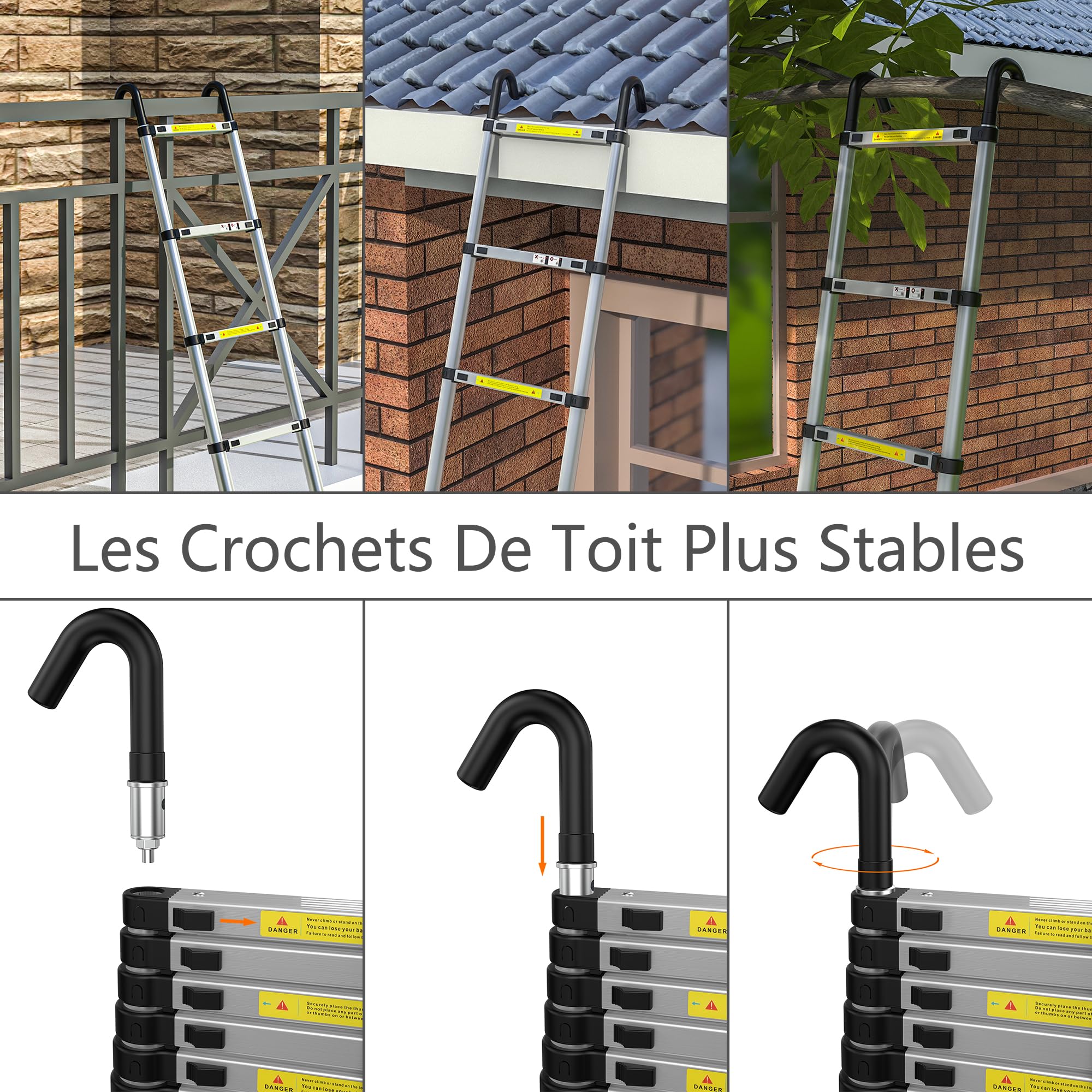 gymount Echelle Telescopique 3,8m en Aluminium Échelle Télescopique, avec Barre Stabilisatrice et Crochets Amovibles, Escabeau Telescopique Portable Convient aux réparations à Domicile, Charge 150 KG