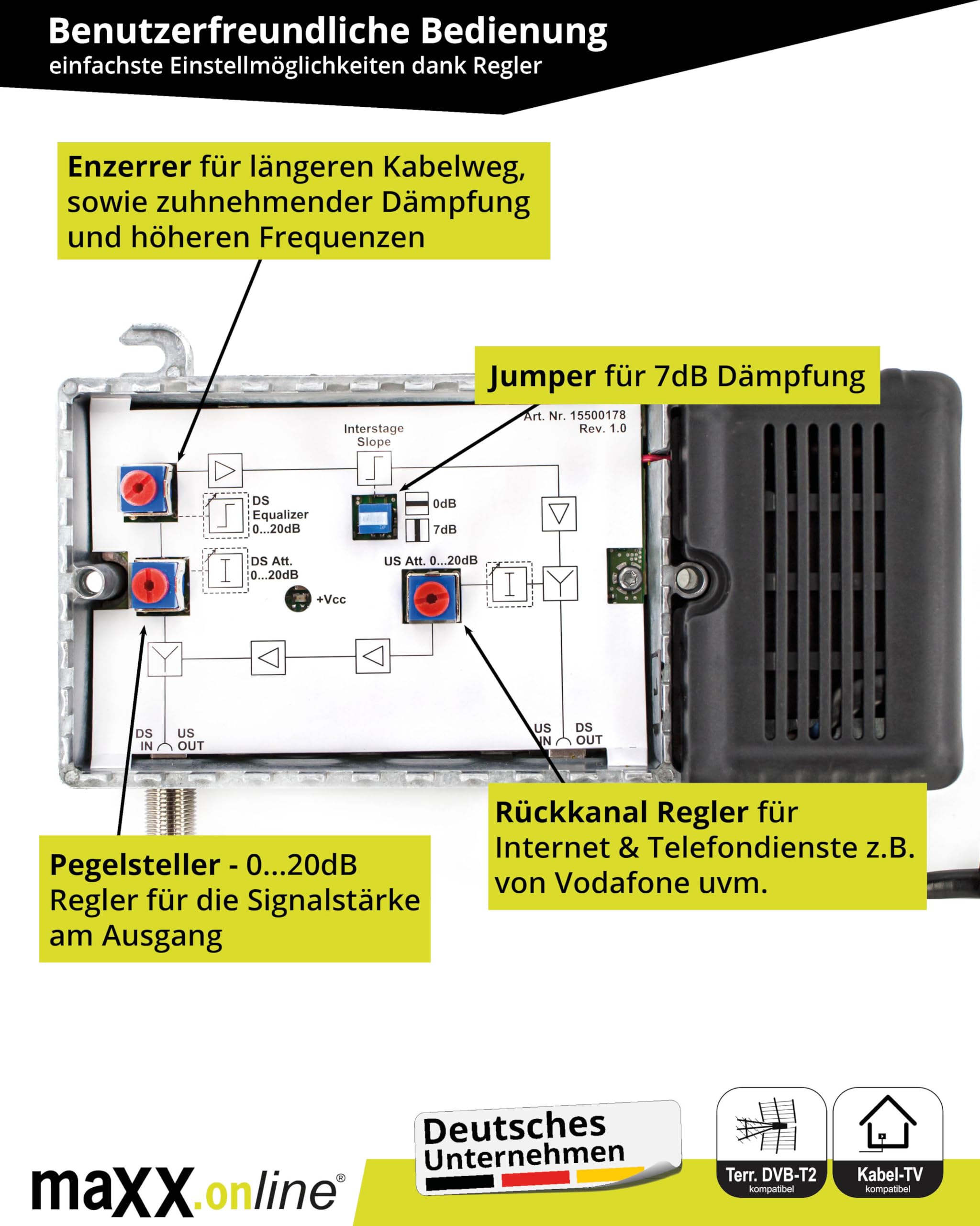 Juego de 8 participantes con amplificador de antena para televisión por cable, refuerzo de 33 dB y canal de retorno, distribuidor de cables, protección contra sobretensiones, cable de