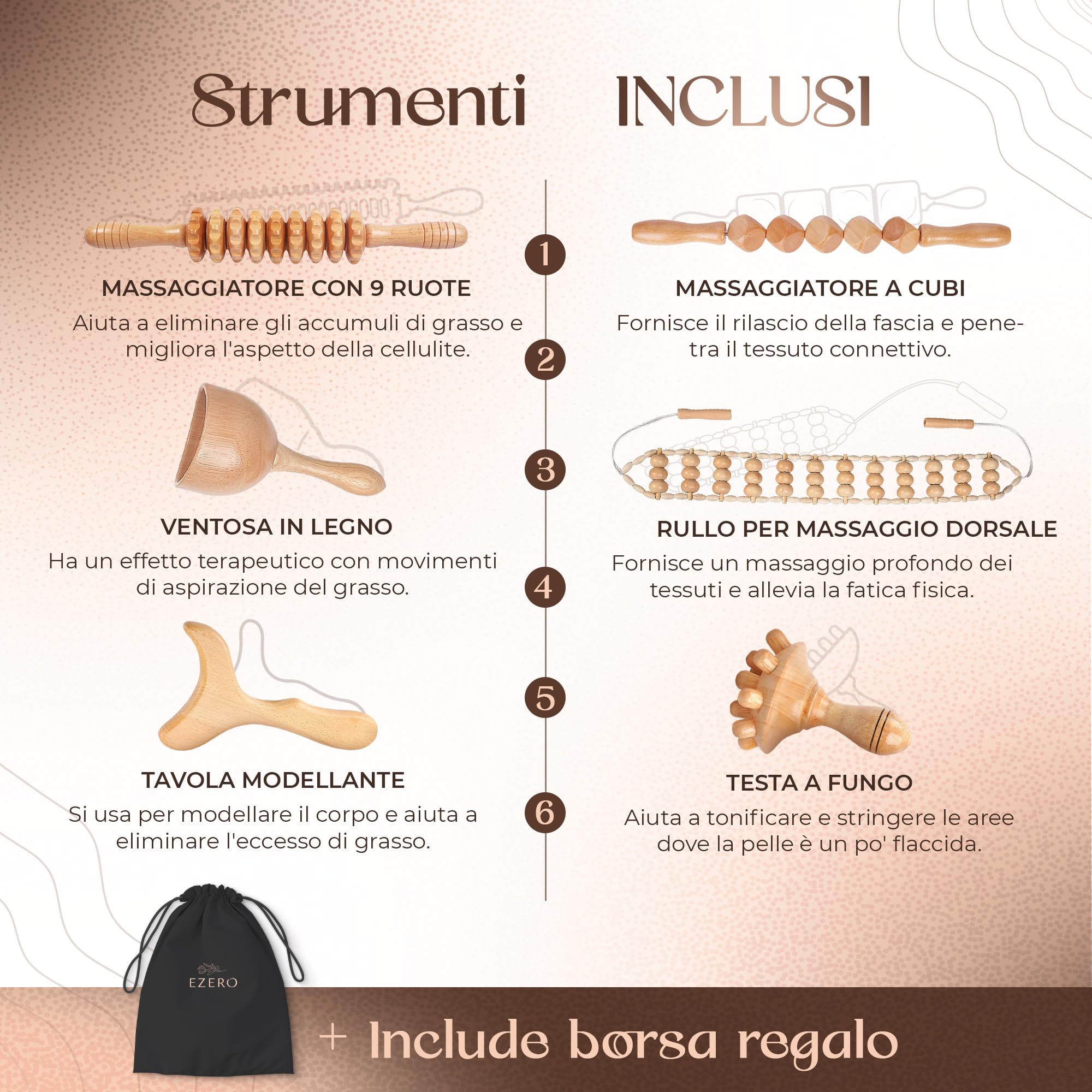 Ezero Maderoterapia Kit Legno 6 pezzi con Borsa e Manuale - Maderoterapia Rullo con Guasha Massaggio Corpo e Rullo Massaggio Cellulite con Accessori - Massaggiatore Anticellulite