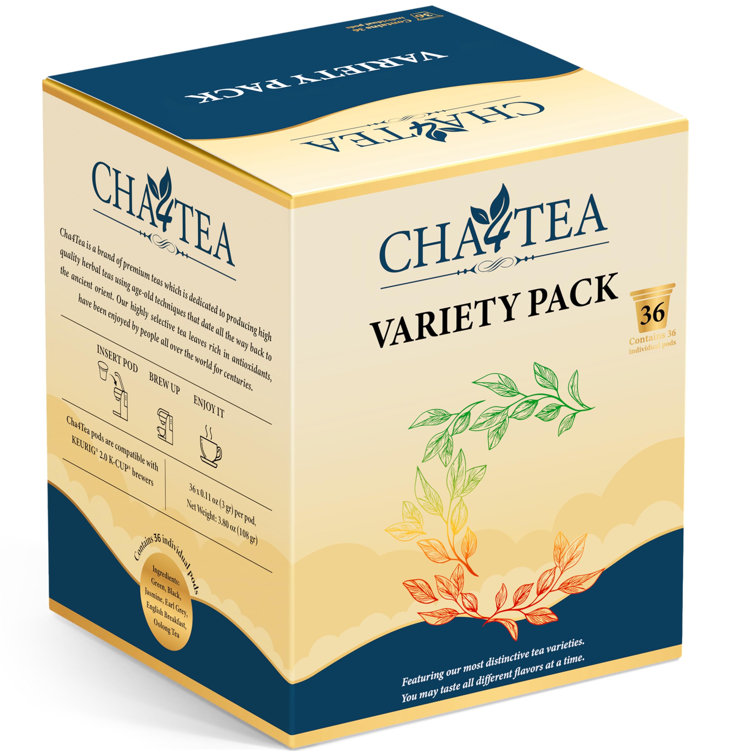 Cha4TEA 36-Count 6 Flavors Variety Pack Tea for Keurig K-Cup Brewers, Including Green, Black, Jasmine, Earl Grey, English Breakfast, Oolong Tea