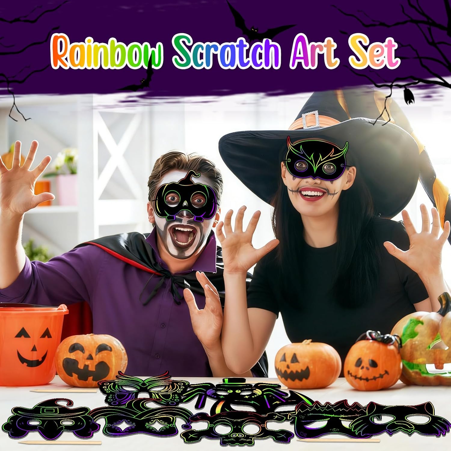 Qilery 120 Pcs Halloween Scratch Mask Rainbow Animal Scratch off Art Craft Kit, Paper DIY Craft Mask for Party Favors Supplies