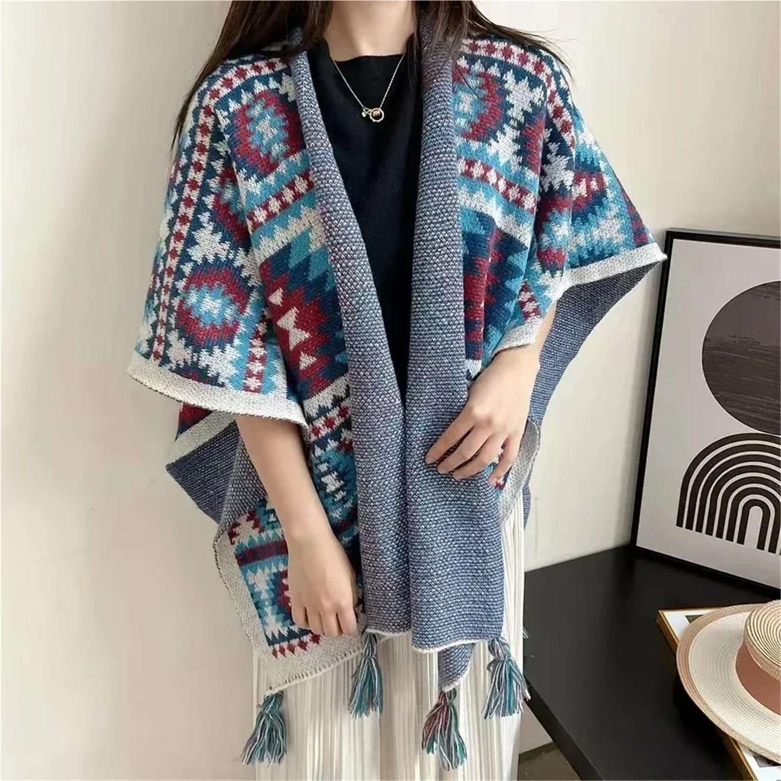 Poncho Donna Poncho Invernale da Donna, Cappotto Autunnale in Stile Etnico, Scialle Lavorato a Maglia, Sciarpa Esterna da Viaggio con Design Diviso