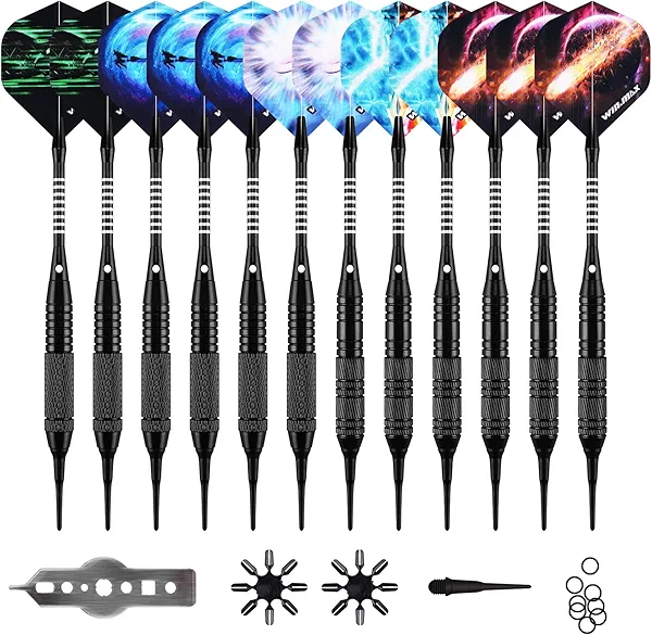 WIN.MAX Darts Plastic Tip - Soft Tip Darts Set - 12 Pcs 18 Gram with 100 Extra Dart Tips 12 Flights Flight Protectors and Wrench for Electronic Dart Board black 2024