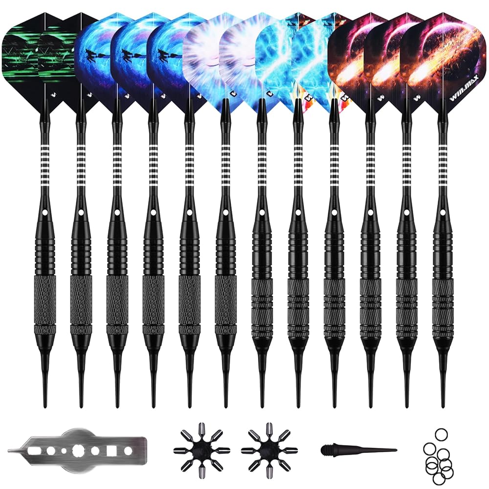 WIN.MAX Darts Plastic Tip - Soft Tip Darts Set - 12 Pcs 18 Gram with 100 Extra Dart Tips 12 Flights Flight Protectors and Wrench for Electronic Dart Board