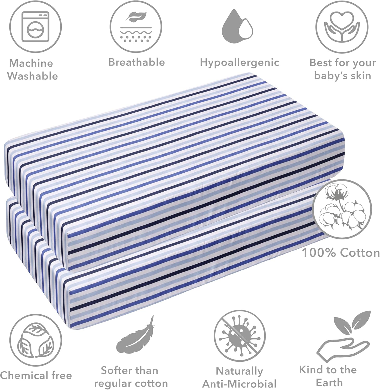 Bacati - 2 Pack Crib Fitted Sheets - Little Sailor Stripes Blue Navy Boys Soft Breathable 100% Cotton Percale Baby Sheets - Fits Standard 28 x 52 X 5 inches Crib & Toddler Mattresses
