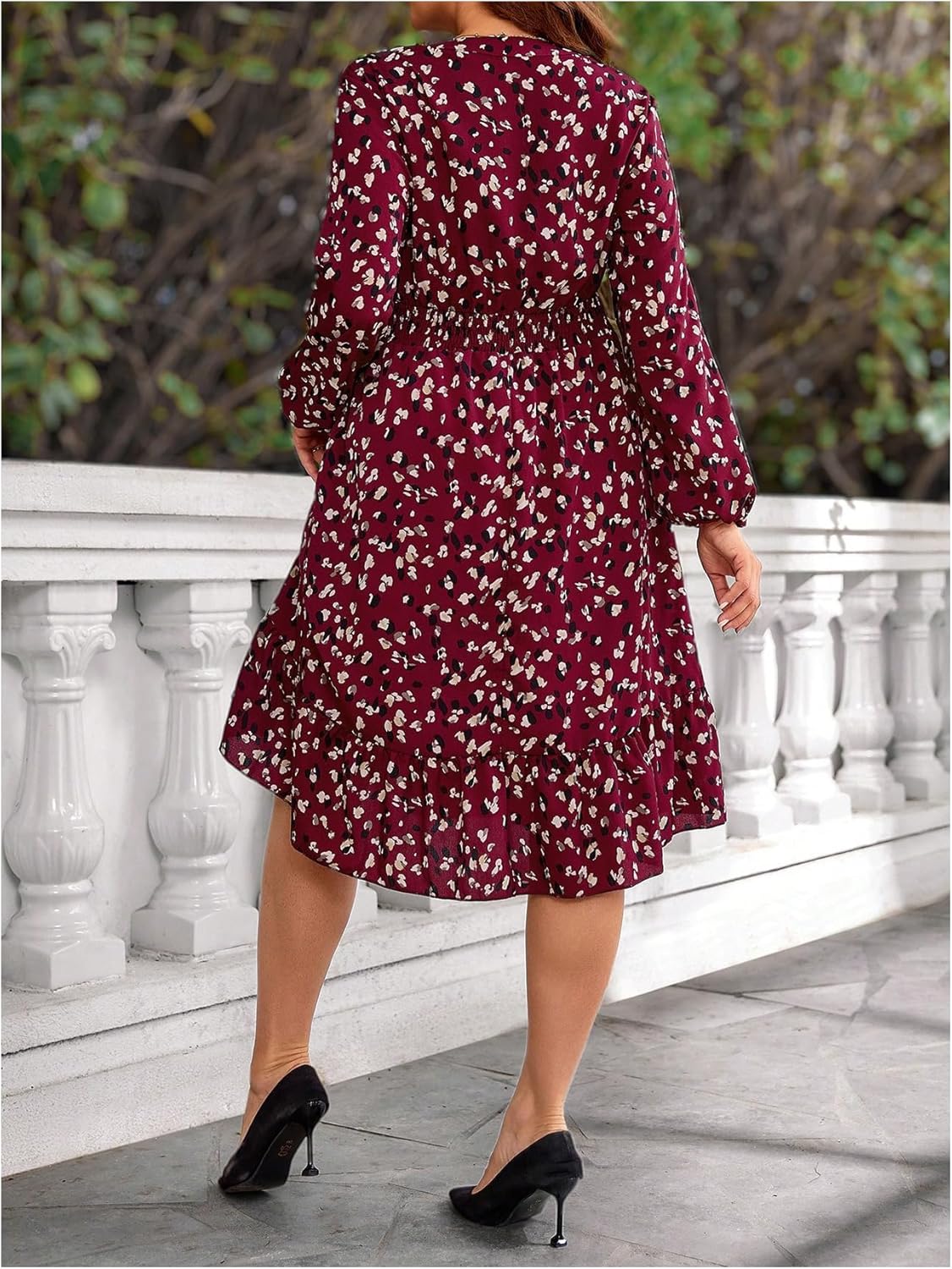 Women's Plus Size Floral Midi Dresses Boho Ruffle Notch Neck Long Sleeve Swing Flowy Dress - Image 2
