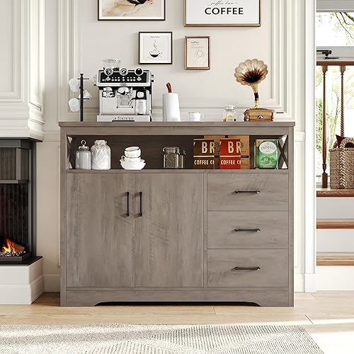 Miniatura 3 de HOSTACK Aparador moderno de granja, gabinete de almacenamiento de bufé de cocina con cajones y estantes, gabinete de madera para café con