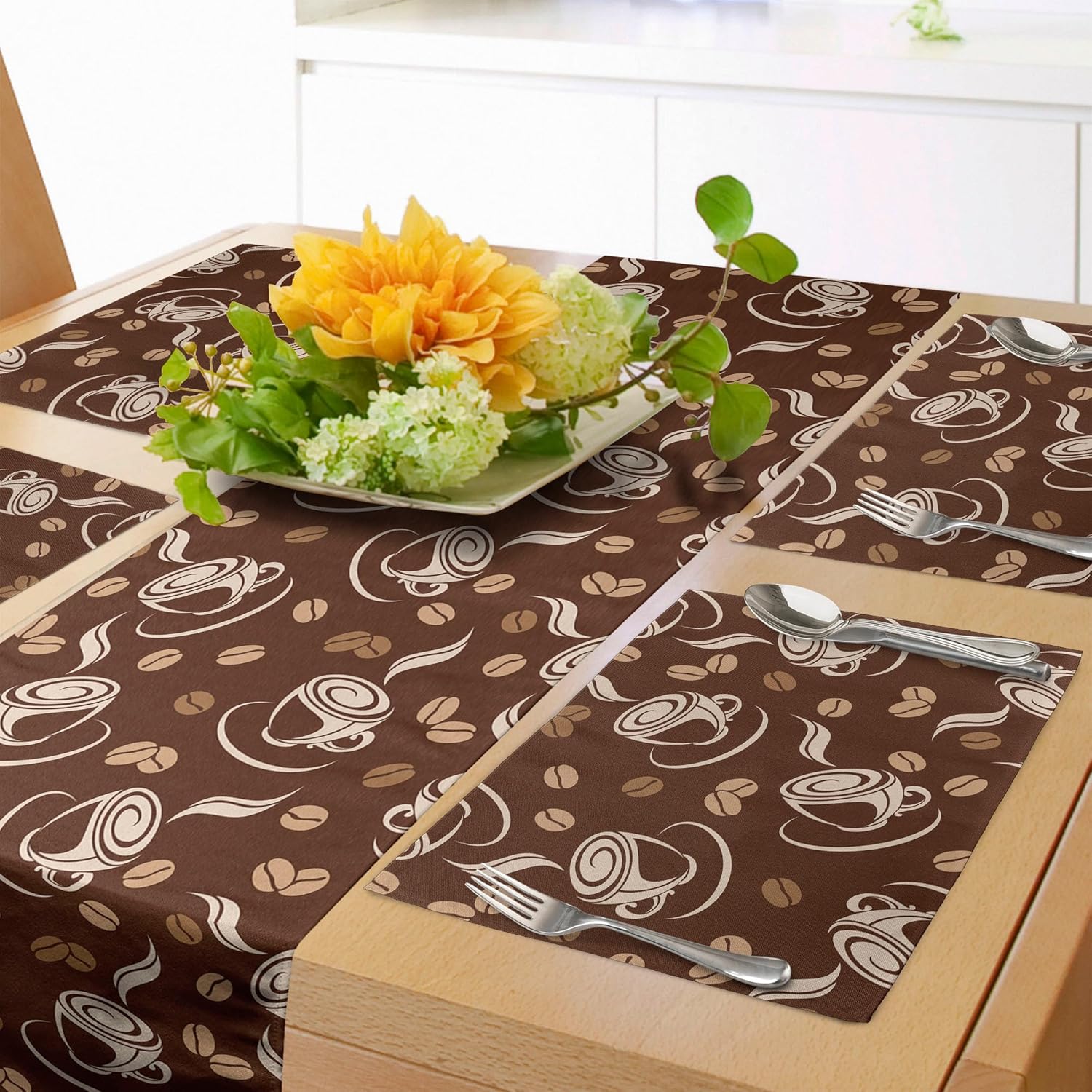 Lunarable Coffee Table Runner & Placemats, Silhouette of Cups and Beans on Abstract Background Fresh Filter Coffee, Set for Dining Table Decor, Placemat 4 pcs + Runner 16"x72", Brown Pale Brown Beige